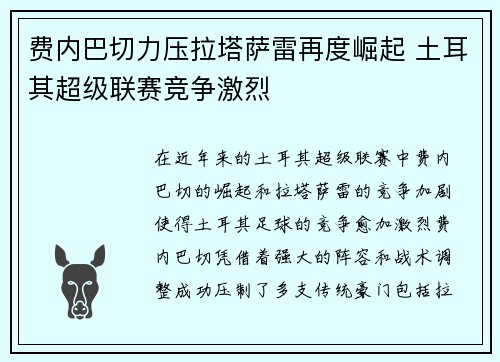 费内巴切力压拉塔萨雷再度崛起 土耳其超级联赛竞争激烈