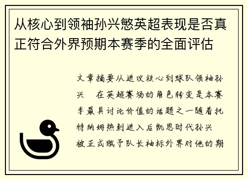 从核心到领袖孙兴慜英超表现是否真正符合外界预期本赛季的全面评估